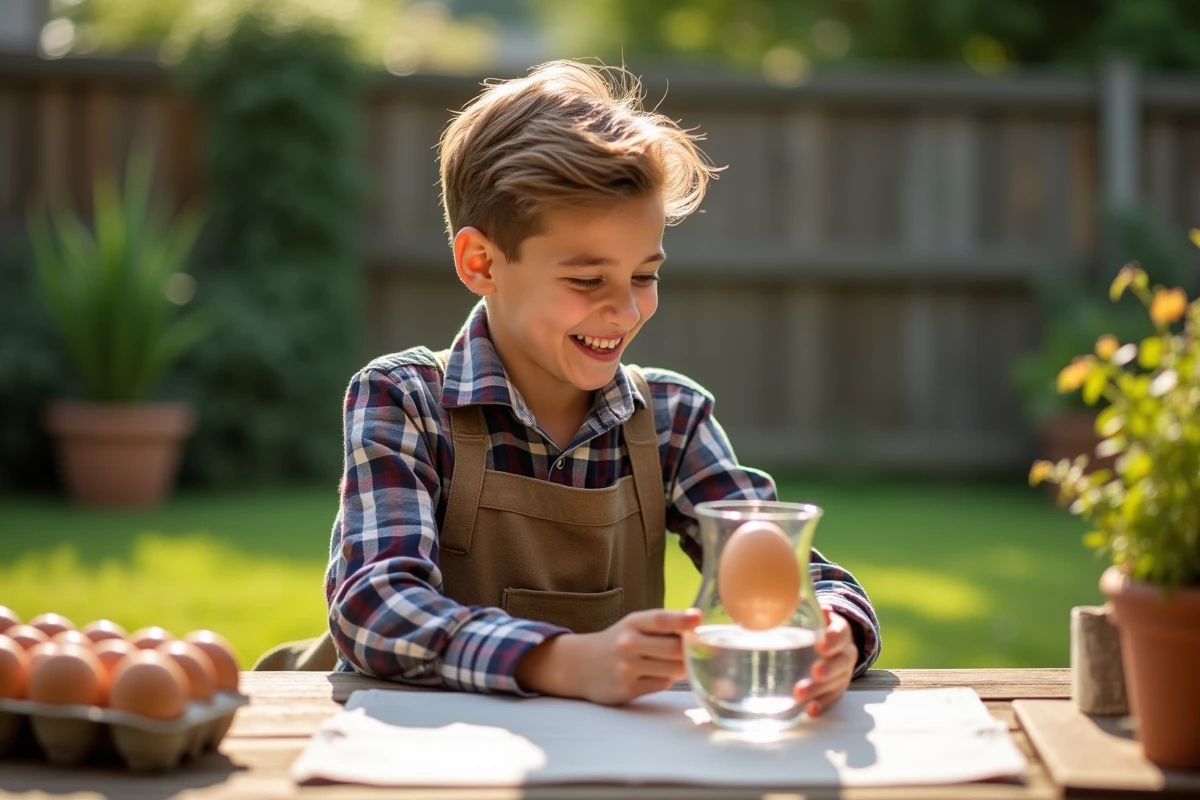 Adolescent riant en examinant un œuf dans l