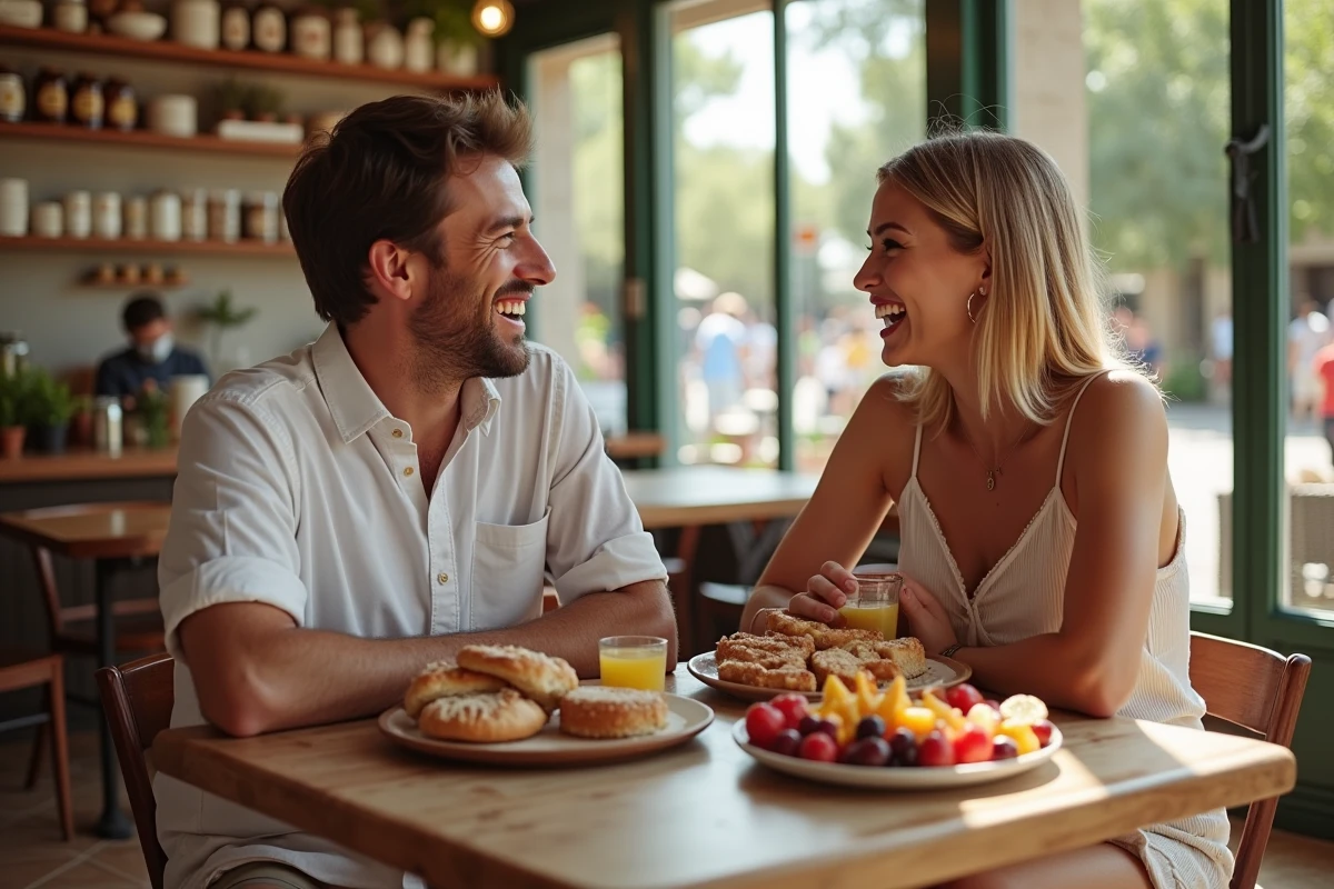 Deux amis rient en partageant un brunch dans un marché à Hyères