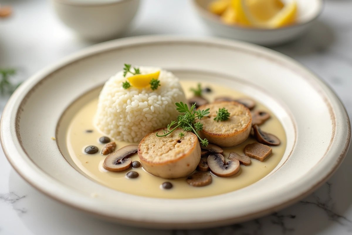 Assiette de blanquette de veau allégée version rapide avec riz basmati sur un comptoir en marbre, vue en plongée légère