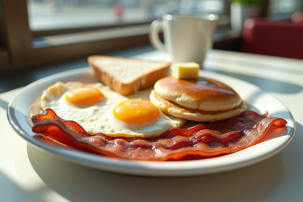 Assiette de petit déjeuner avec bacon et pancakes