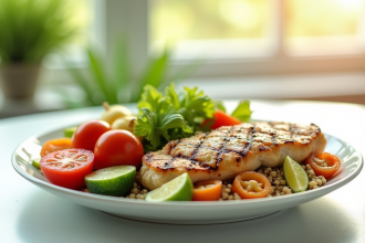 Assiette colorée avec légumes frais poulet et quinoa pour une alimentation saine