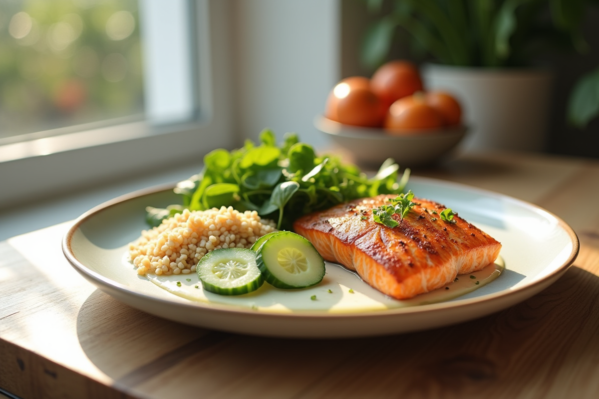 Assiette élégante avec concombre en sauce saumon grillé quinoa et légumes