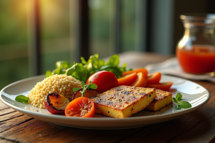 Assiette végétarienne avec tofu grillé et légumes colorés