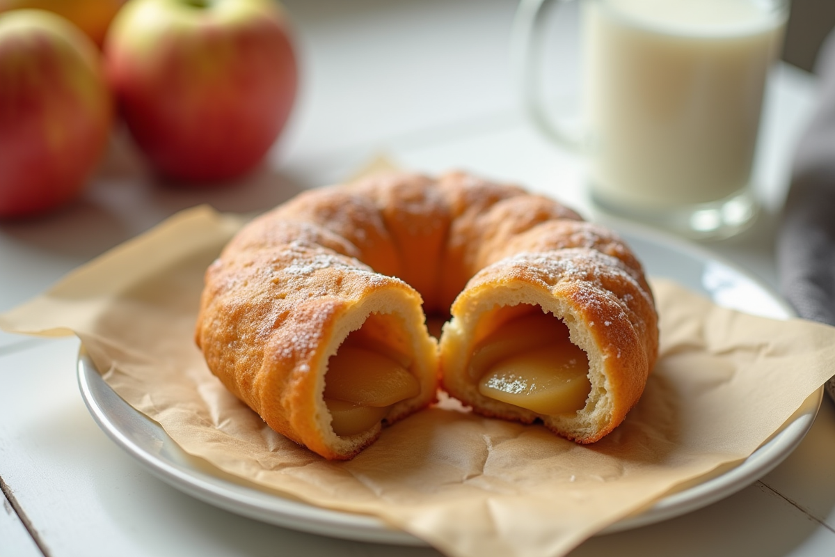 Beignet coupé en deux avec intérieur de pomme et verre de lait