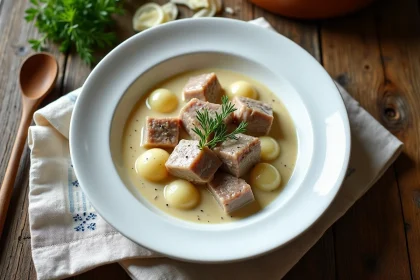 Blanquette de veau allégée servie dans un bol en céramique blanche sur une table en chêne rustique, vue du dessus