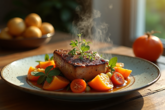 Blanquette de veau bien presentee avec legumes colorés