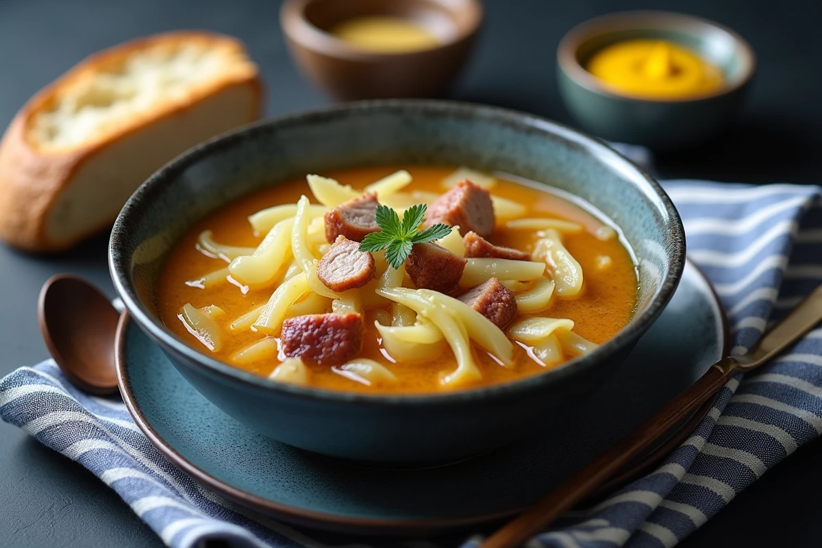 Bol de potée au chou servie avec pain de campagne et moutarde de Dijon sur une ardoise, présentation de recette traditionnelle française