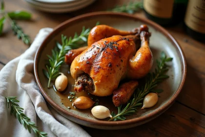 Caille rôtie croustillante sur assiette en céramique rustique avec thym frais et ail rôti