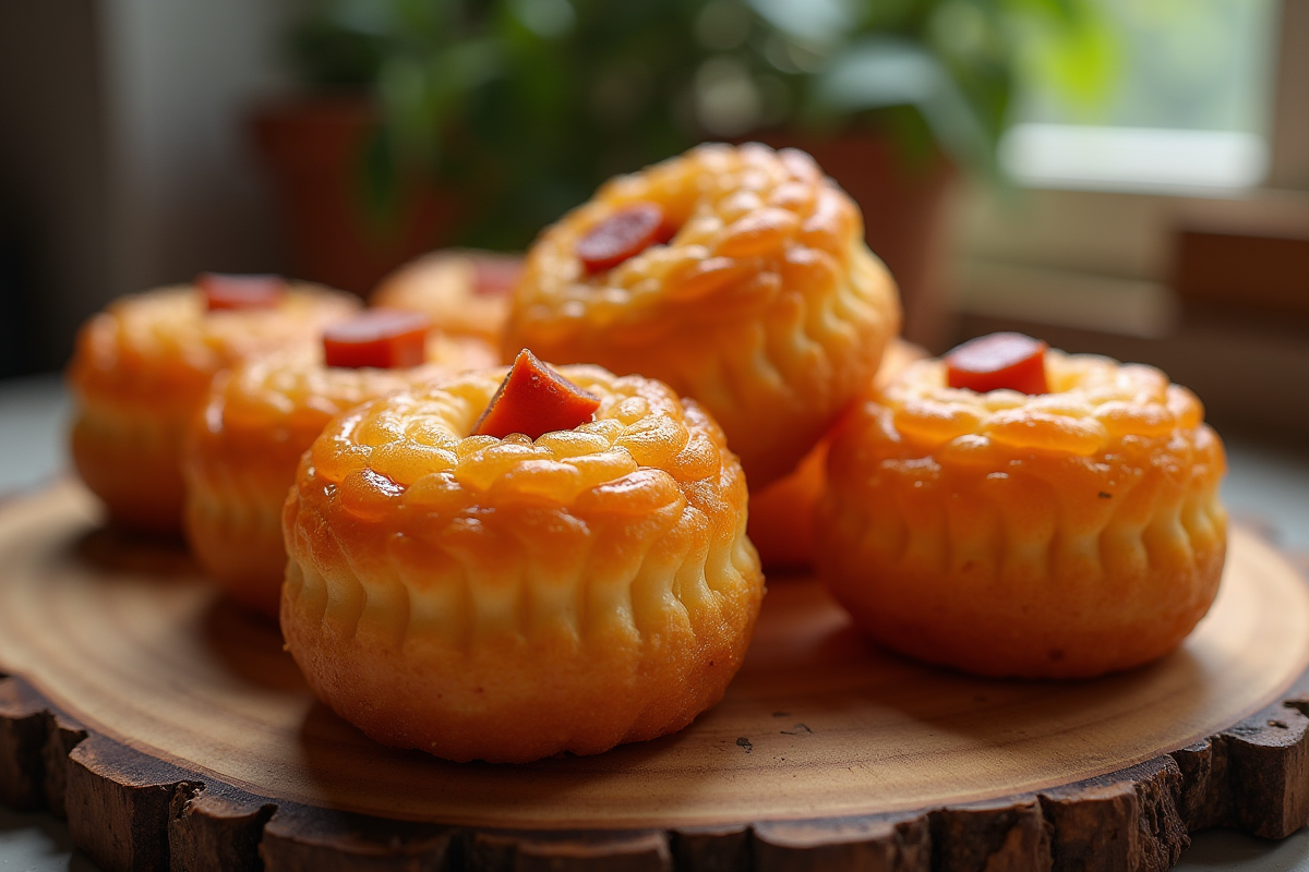 Cannelés croustillants avec morceaux de chorizo sur planche en bois