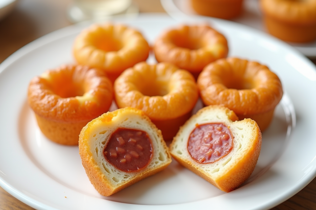 Cannelés au chorizo tranchés sur assiette blanche en gros plan