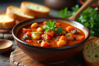 Ragoût végétarien inspiré de la carbonade flamande dans un bol en céramique