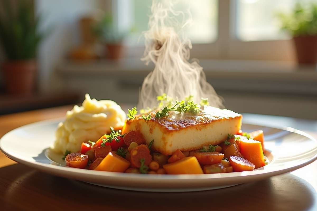 Carbonade flamande végétarienne sur une assiette blanche avec légumes