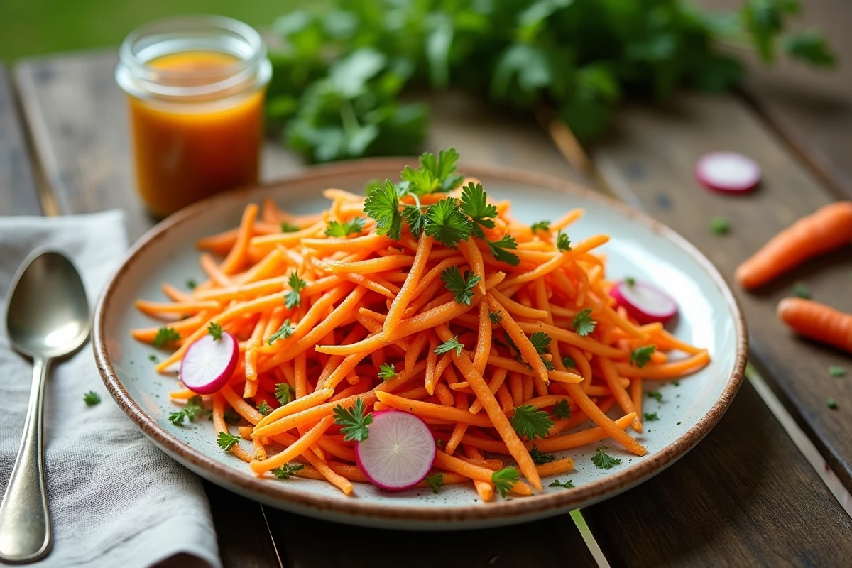 Gros plan sur une assiette de salade de carottes avec radis et persil