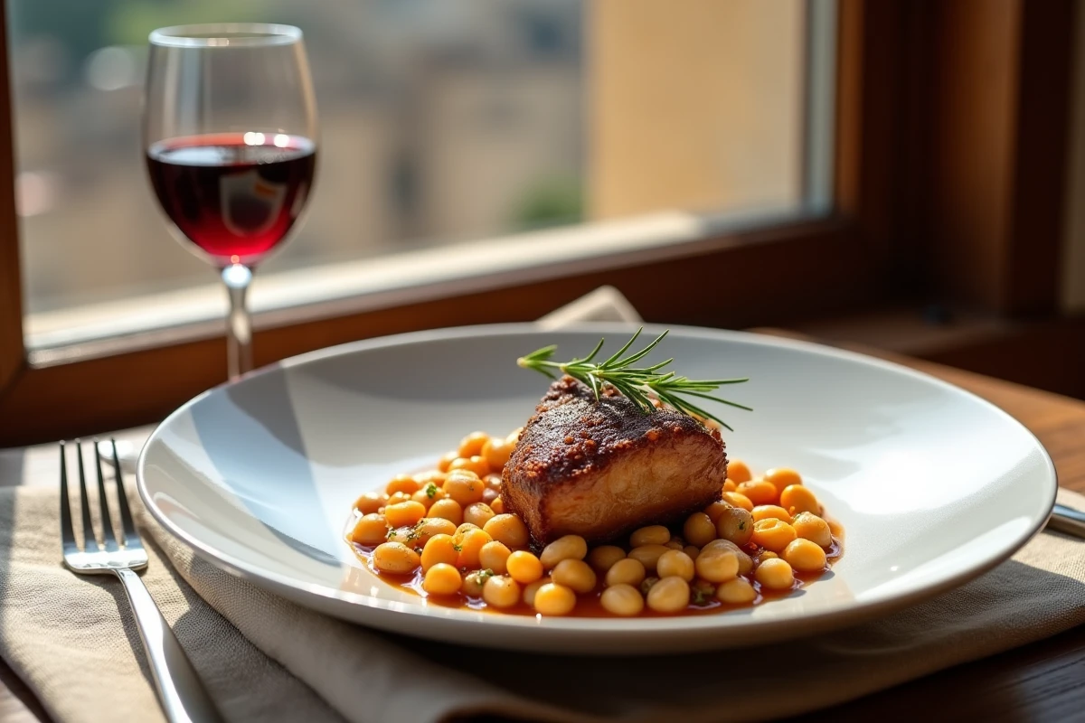 Cassoulet au canard confit servi dans un restaurant de Carcassonne avec vue sur les remparts de la Cité