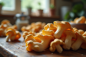 Champignons de chanterelle frais sur une table rustique