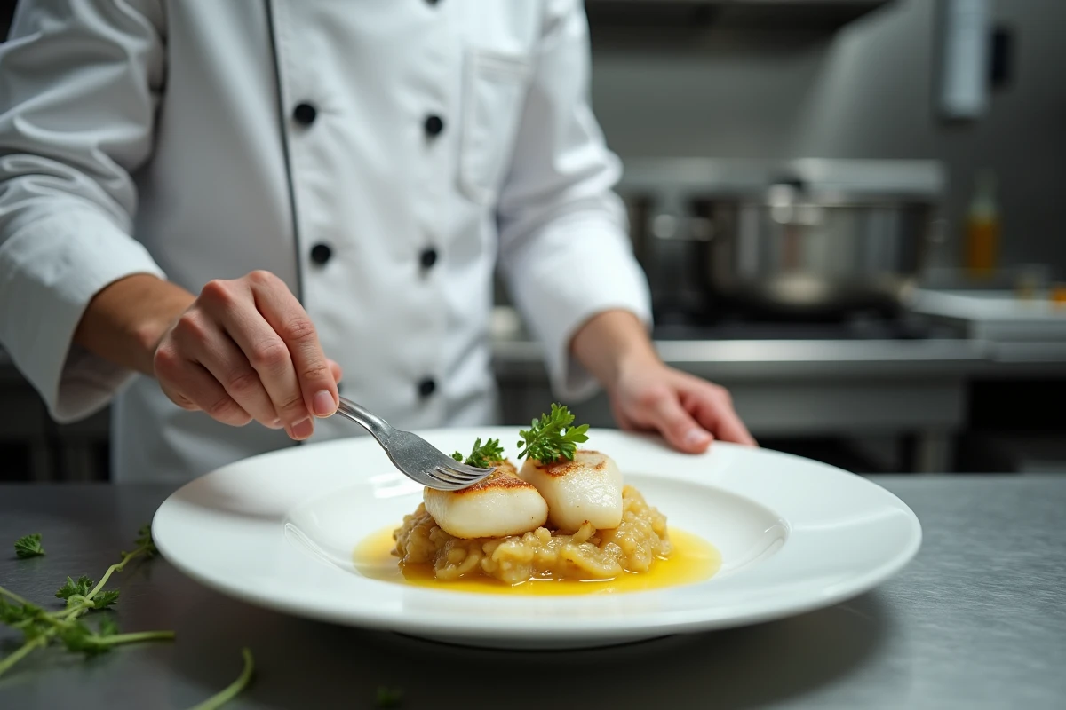 Chef cuisinier dressant une assiette de choucroute de la mer avec flétan, haddock fumé et noix de Saint-Jacques dans une cuisine de restaurant moderne
