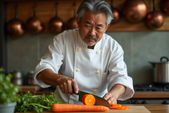 Chef japonais en blanc coupe une carotte orange avec un couteau