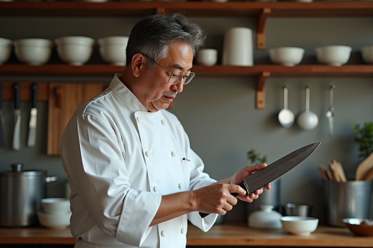 Chef japonais en veste blanche inspectant un couteau traditionnel japonais