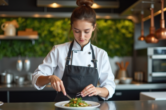 Jeune chef féminin en cuisine moderne avec plat végétal