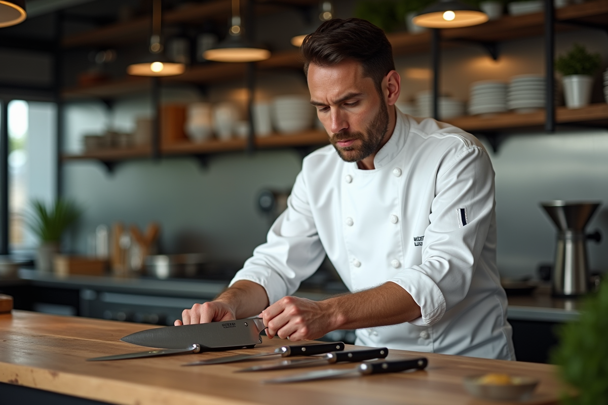 Chef professionnel en cuisine avec couteaux sur plan de travail