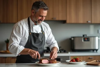 Chef en cuisine coupant un filet mignon parfaitement cuit