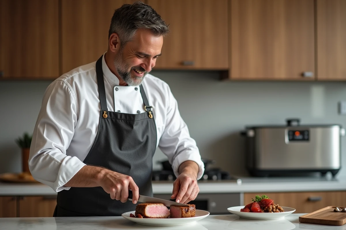 Chef en cuisine coupant un filet mignon parfaitement cuit