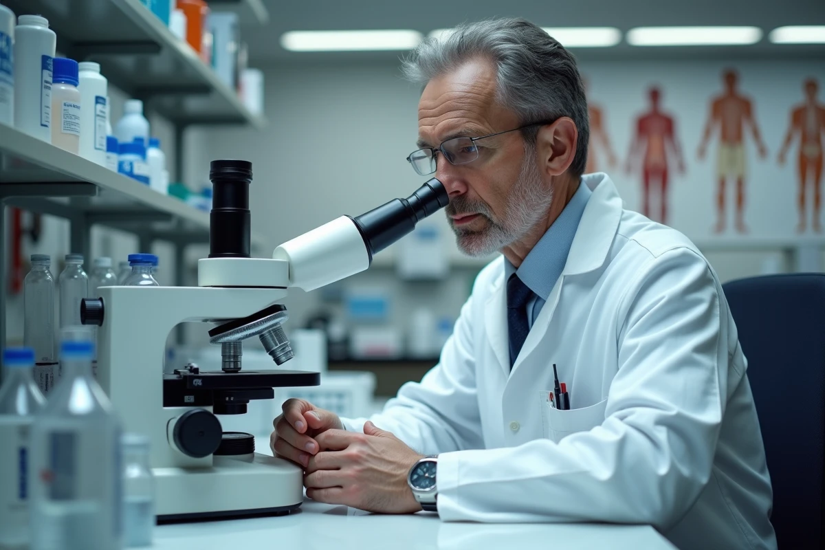 Chercheur en laboratoire examinant des lames au microscope
