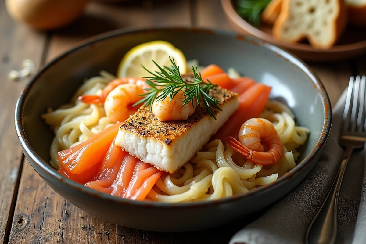 Bol de choucroute aux poissons avec saumon fumé, cabillaud poché et crevettes, garni d'aneth frais sur une table en chêne rustique