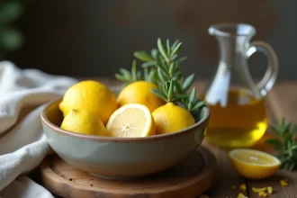 Bol en céramique rustique avec citrons pressés et pichet d'huile d'olive dorée sur une table en bois usé, décoration naturelle avec thym et zeste de citron
