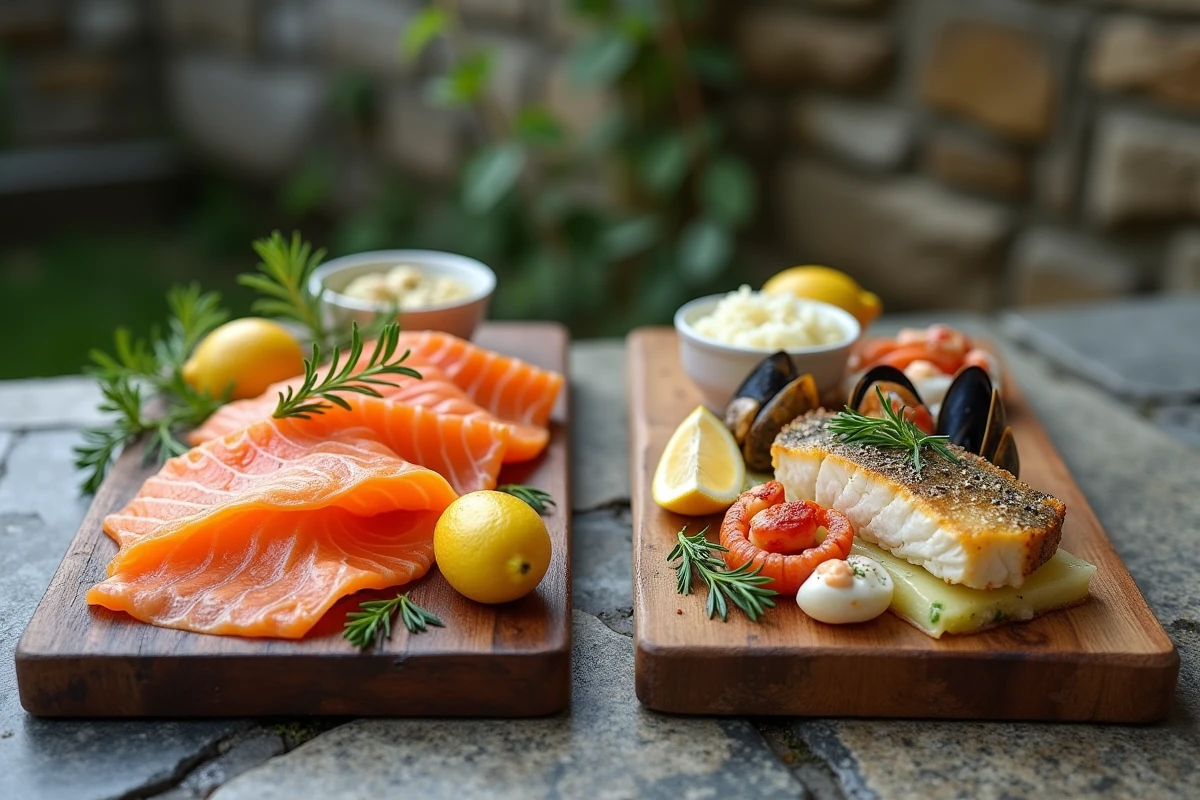 Comparaison visuelle entre une choucroute aux poissons traditionnelle et une choucroute de la mer raffinée, présentées sur deux planches en bois dans une cour de bistrot français