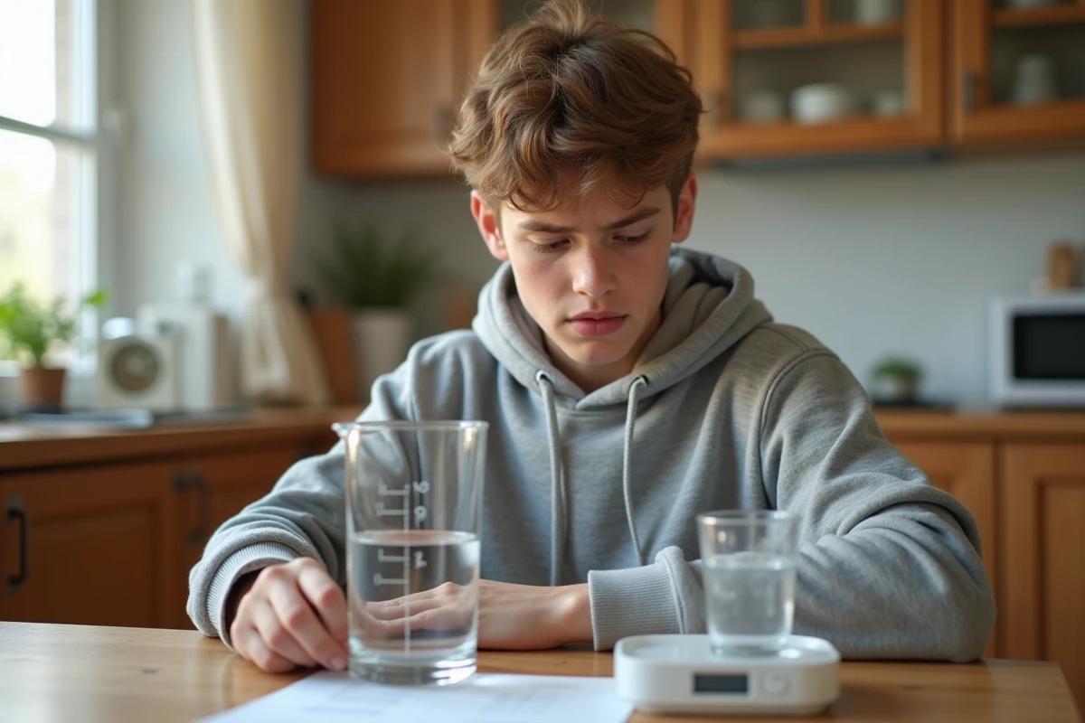 Adolescent comparant un verre doseur gradué et une balance numérique pour comprendre la conversion 125g en cl