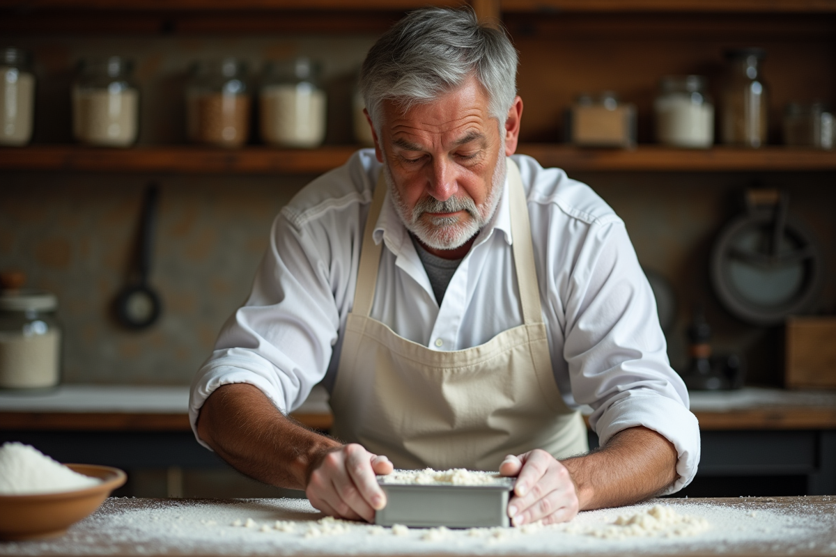Confectionneur en blanc pressant du sucre dans un moule en atelier
