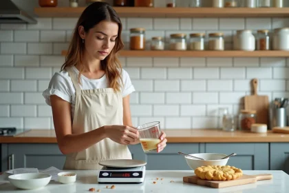 Femme versant un liquide dans une balance de cuisine pour convertir des grammes en centilitres, mesures culinaires pour débutants