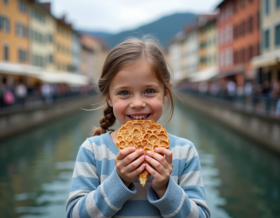 Petite fille mangeant une crêpe aux myrtilles devant les canaux de la vieille ville d'Annecy