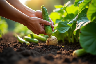 Mains de jardinier récoltant des racines de jicama dans un jardin vert