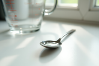 Cuillère en inox remplie d'eau sur plan de cuisine lumineux