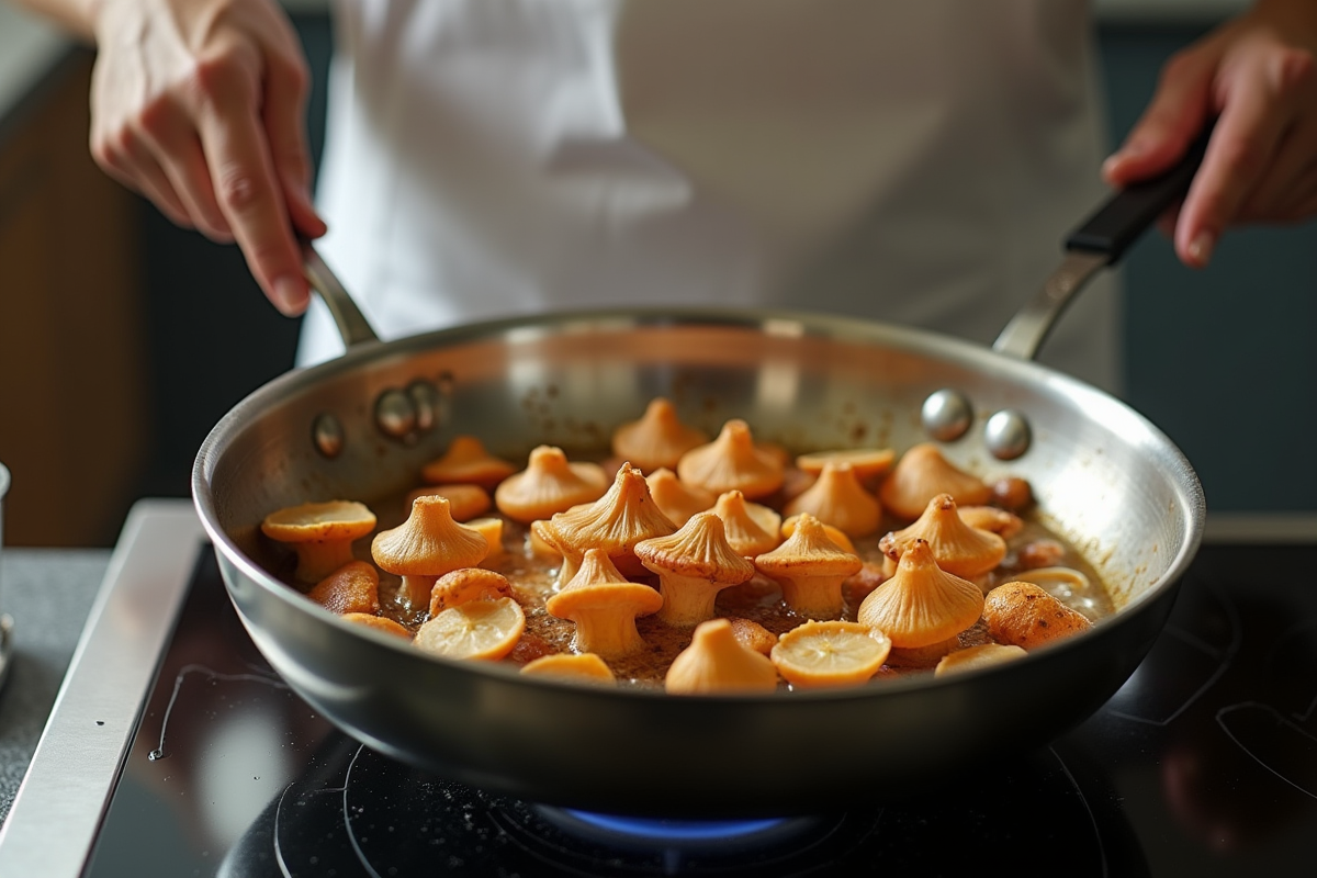 Personne cuisinant des chanterelles dans une poêle moderne