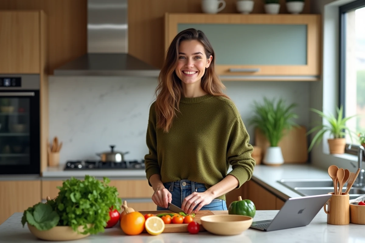 Femme souriante préparant un repas coloré dans une cuisine moderne