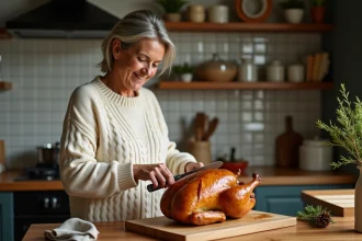 Femme française sculptant un capon doré dans la cuisine chaleureuse