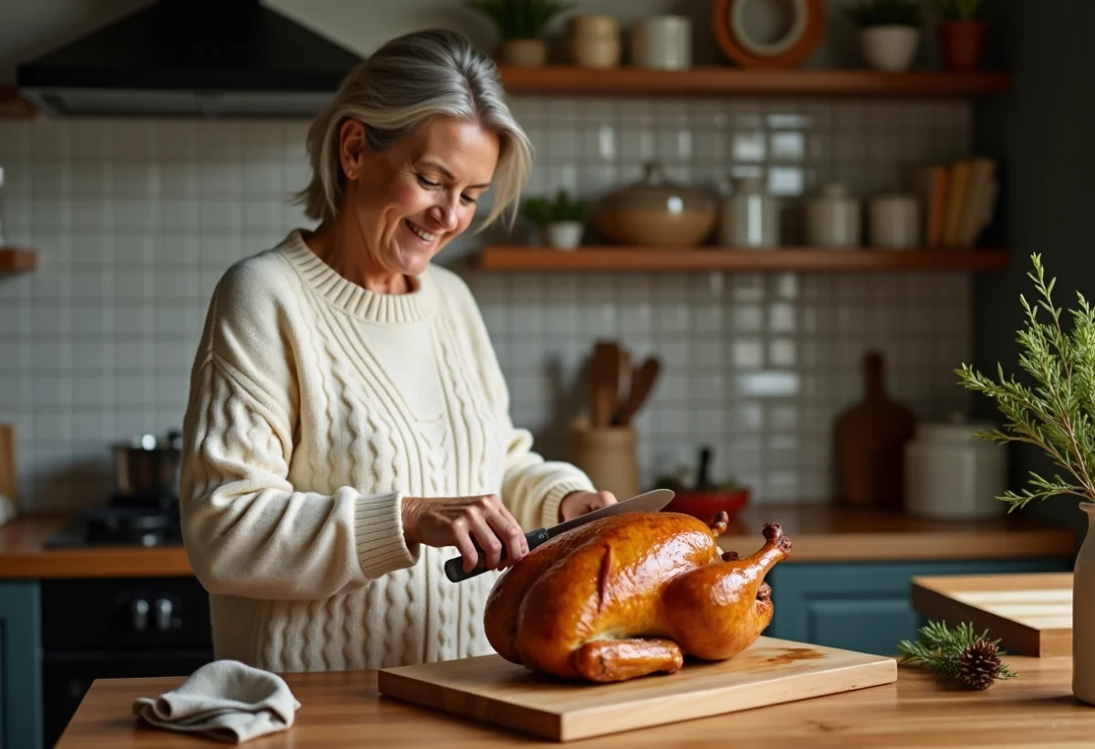 Femme française sculptant un capon doré dans la cuisine chaleureuse