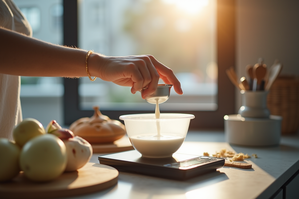 Cuisine moderne avec balance et cups de mesure précis