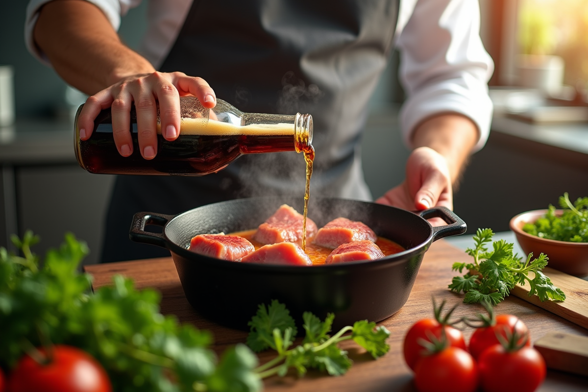 Chef versant de la bière sur la joue de porc en cuisine