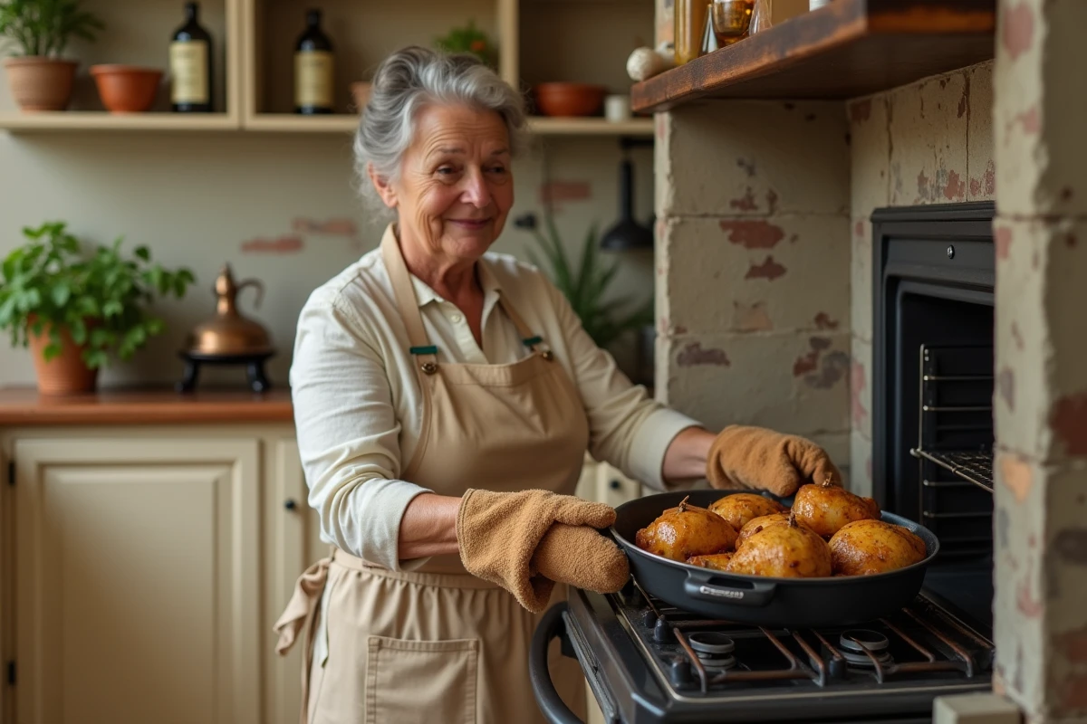 Cuisinière sortant une plaque de cailles dorées du four dans une cuisine rustique