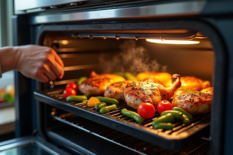 Personne plaçant du poulet mariné et légumes colorés dans un four vapeur moderne