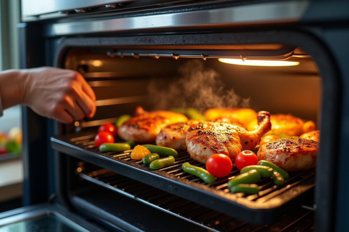 Personne plaçant du poulet mariné et légumes colorés dans un four vapeur moderne