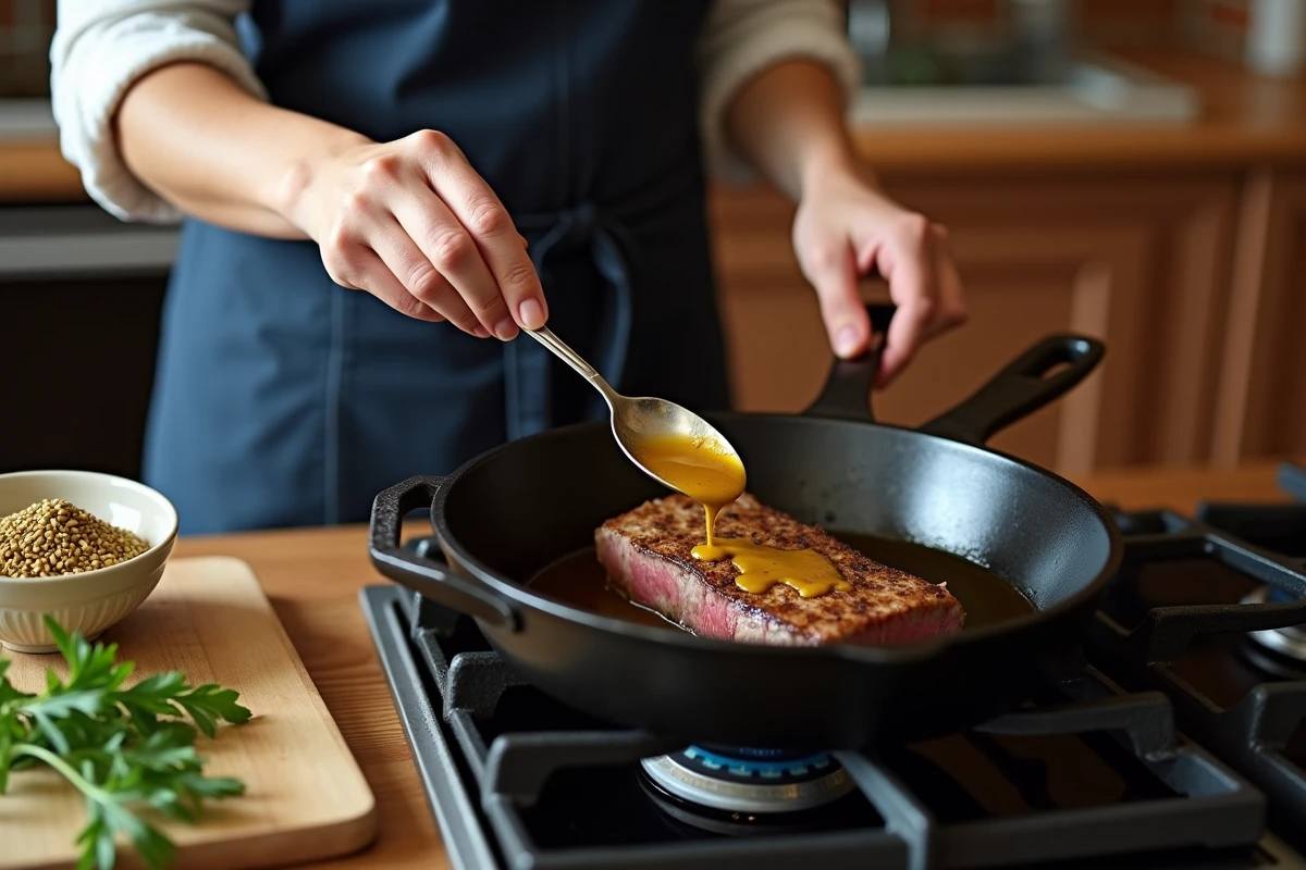 Cuisinière nappant un filet mignon dans une poêle en fonte avec une sauce moutarde à l'ancienne et estragon