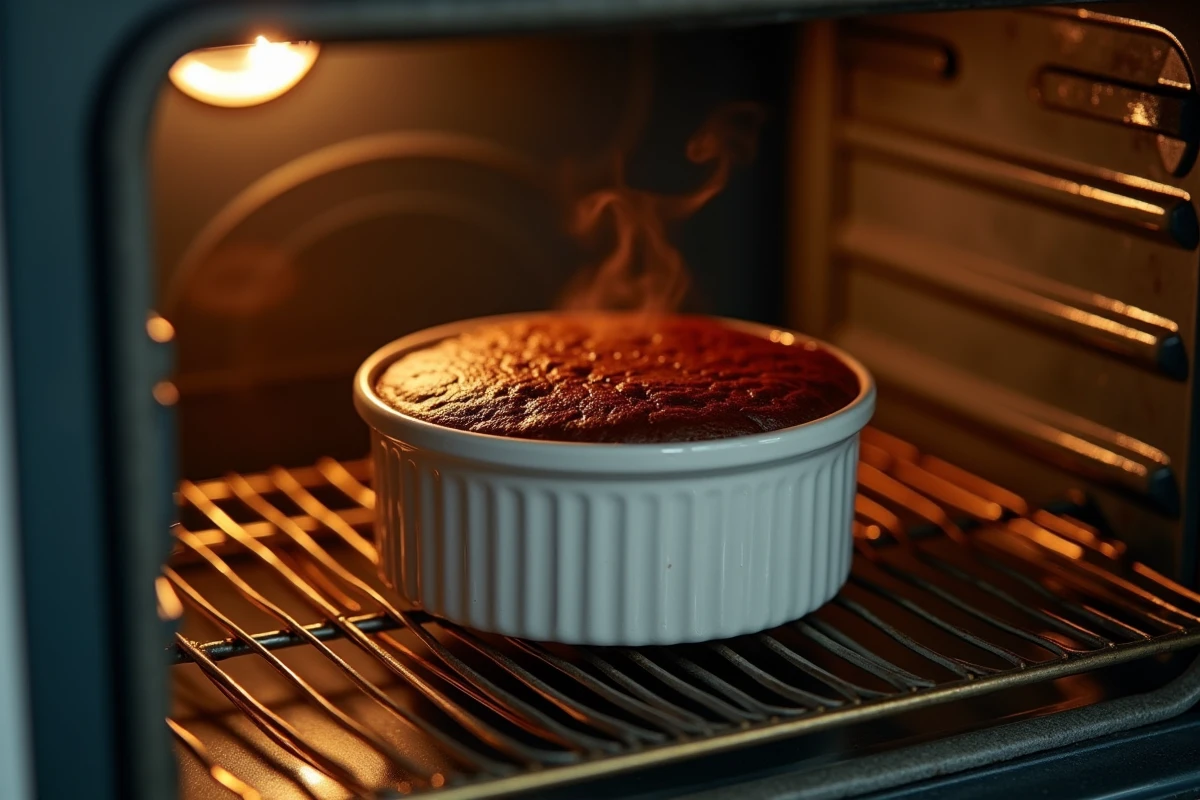 Ramequin de fondant au chocolat en cuisson dans un four domestique entrouvert