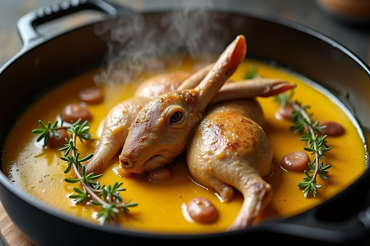 Cuisson de lapin à la moutarde dans une cocotte en fonte