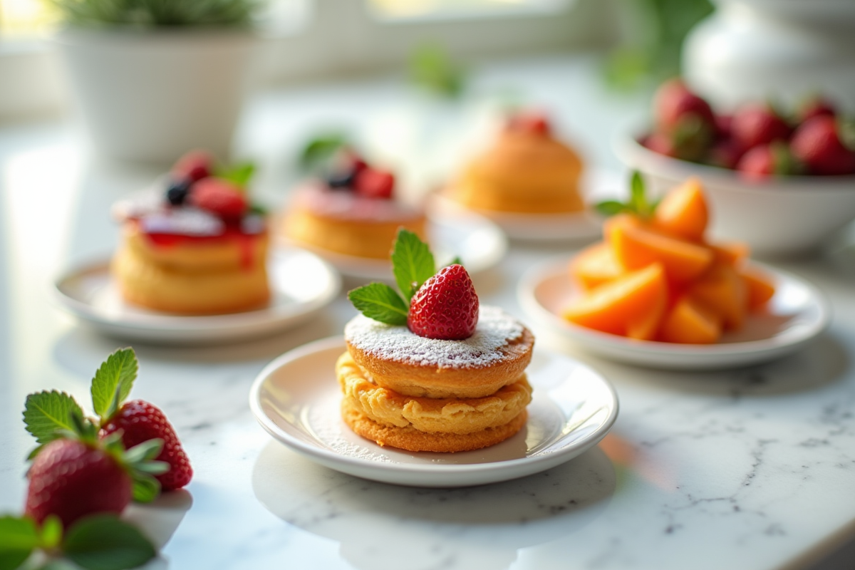 Assortiment de desserts aux fruits sur marbre lumineux