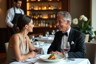 Couple élégant dégustant un repas sophistiqué dans un restaurant